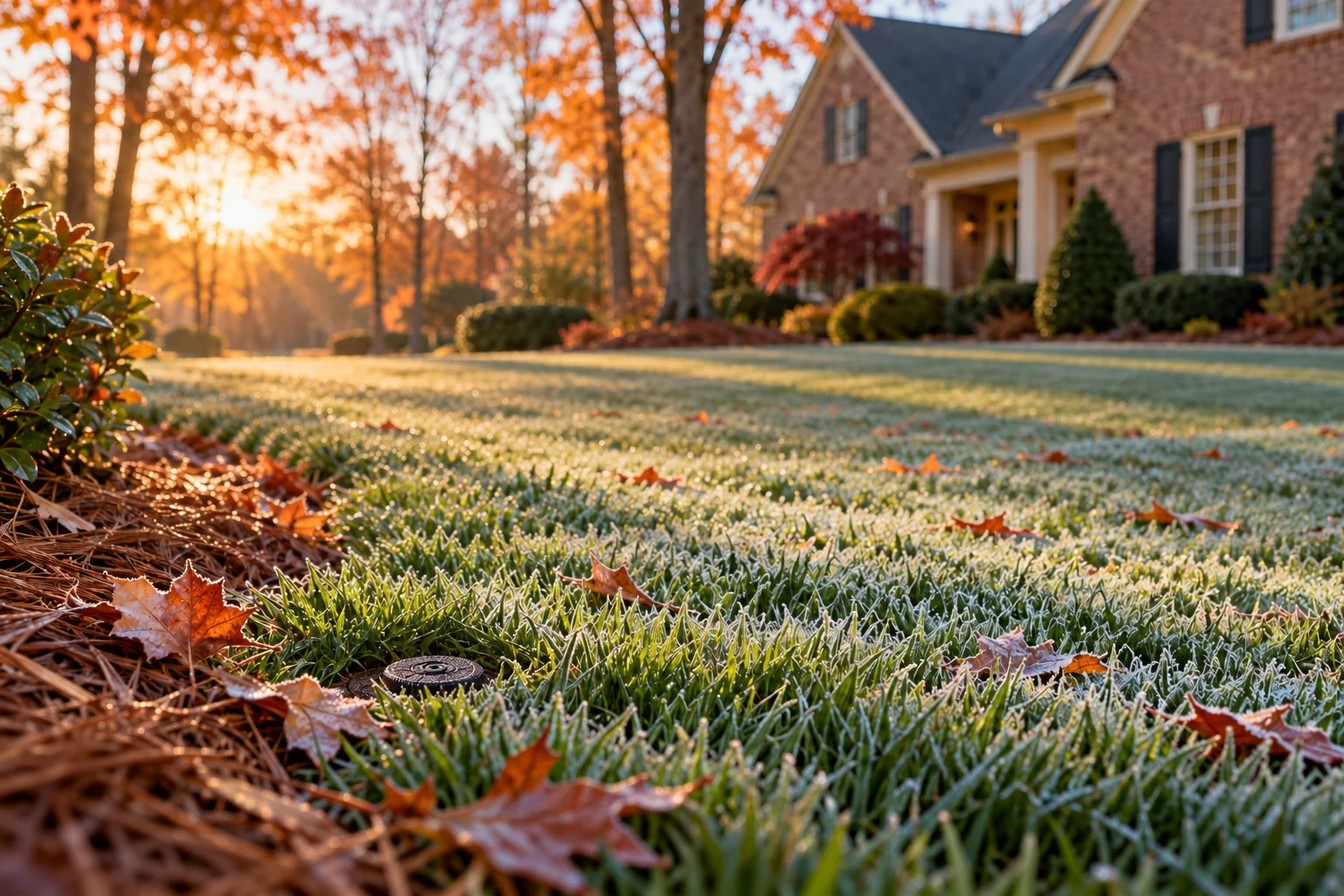 Illustrative autumn lawn with frost and a sprinkler head.